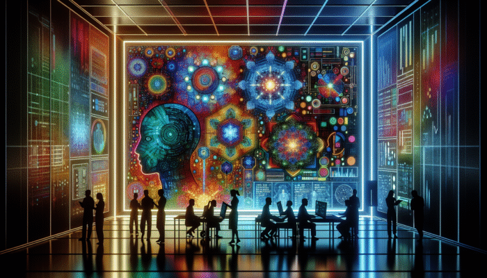 A futuristic interface showcasing colourful graphs, AI algorithms, and experts analysing data in a neon-lit environment.