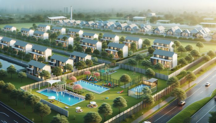 A serene, affordable gated community with modern homes, lush greenery, pools, and playgrounds, secured by fencing.