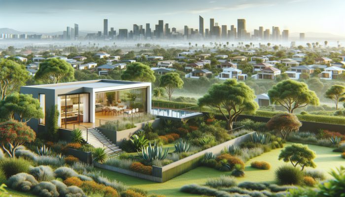 A modern home in Brits, South Africa, amidst lush greenery and vibrant community, with developing urban areas in the background.