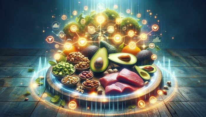 A table of low-carb foods like avocados, nuts, and meats, with expert diet tips and nutritional charts.