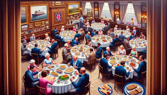 UK social event in a traditional restaurant, guests declining high-carb dishes, sharing low-carb alternatives.