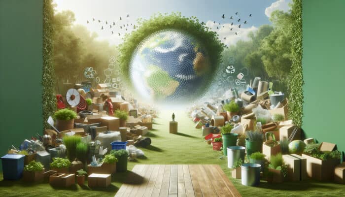 Clearing a UK Flat Greenly: A serene eco-friendly flat clearing scene with items sorted for recycling, reusing, and reducing waste, featuring sustainable materials and green plants.