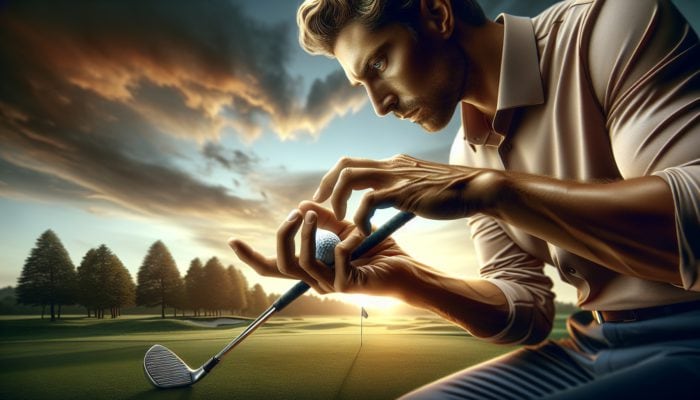 Golfer adjusting grip pressure on club at sunset on golf course, focusing on control and precision.