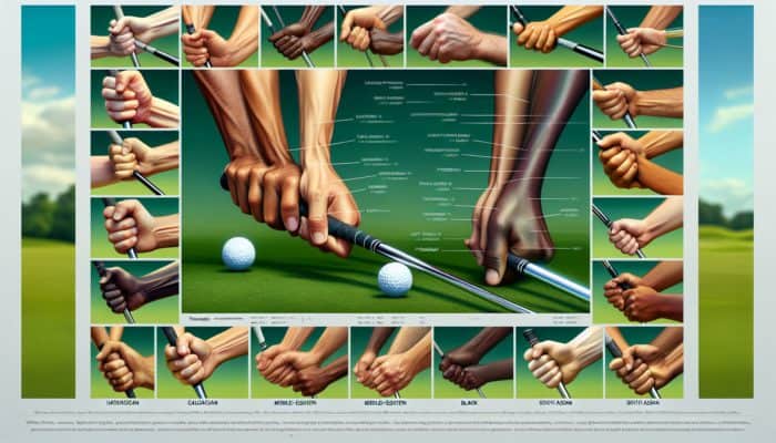 Close-up of hands gripping a golf club with pressure indicators and expert annotations on green background.