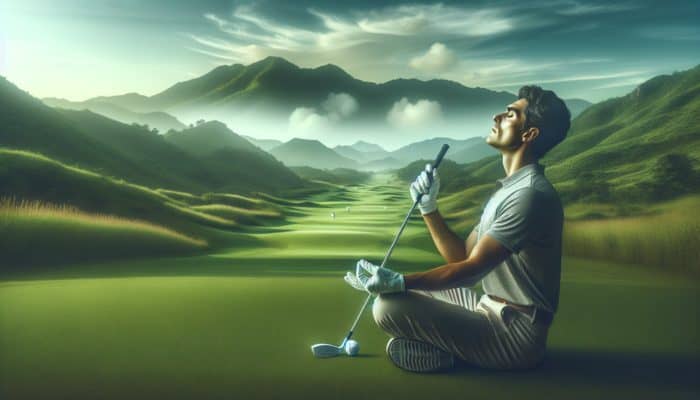 A serene golfer on a calm course practicing deep breathing and visualization, maintaining a relaxed grip.