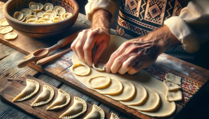 Hands sealing varenyky on a rustic table, ensuring no air pockets.