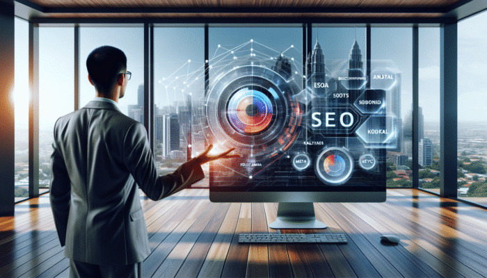 A digital marketing expert analyzing SEO analytics on a computer, focusing on meta descriptions and local keywords in a modern office with city view.