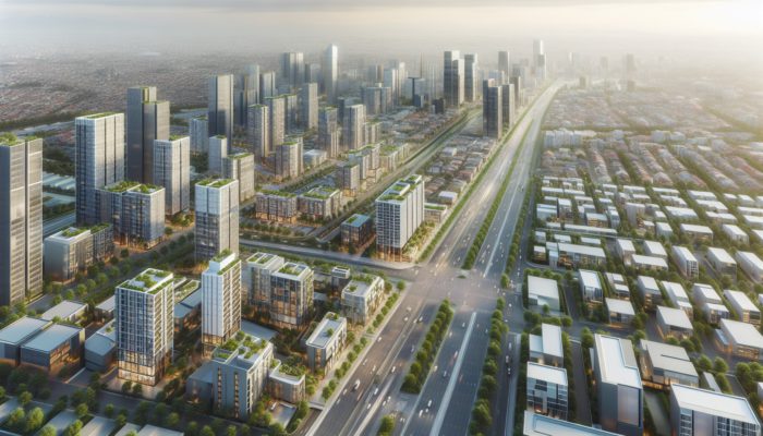 Aerial view of Thohoyandou's urban growth with modern homes, apartments, new roads, and improved public transport.