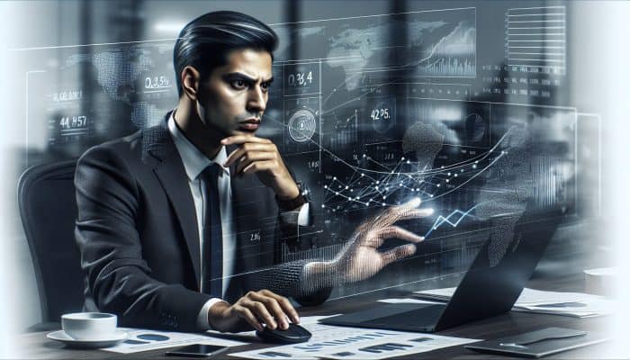 UK business executive analyzing financial data for debt management and consolidation strategies in a modern office.