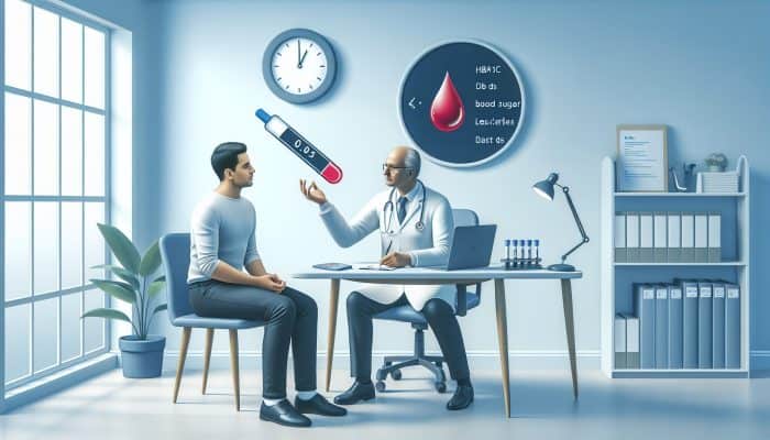 Person consulting healthcare provider in Sutton-in-Ashfield clinic about diabetes tests, with HbA1c and fasting blood sugar charts, and a clock.