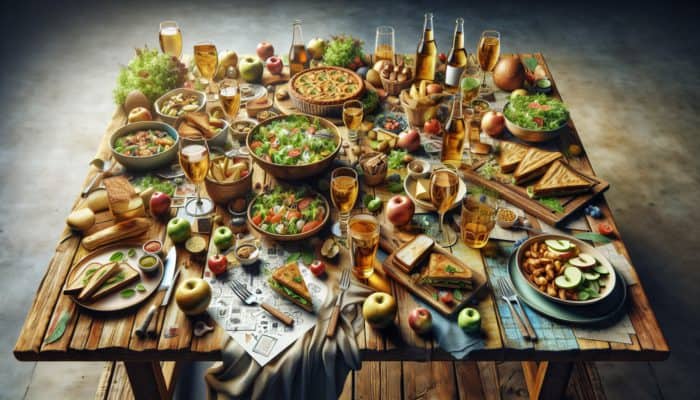 A rustic table set with delicious daytime meals like salads, sandwiches, quiches, and an array of craft ciders.