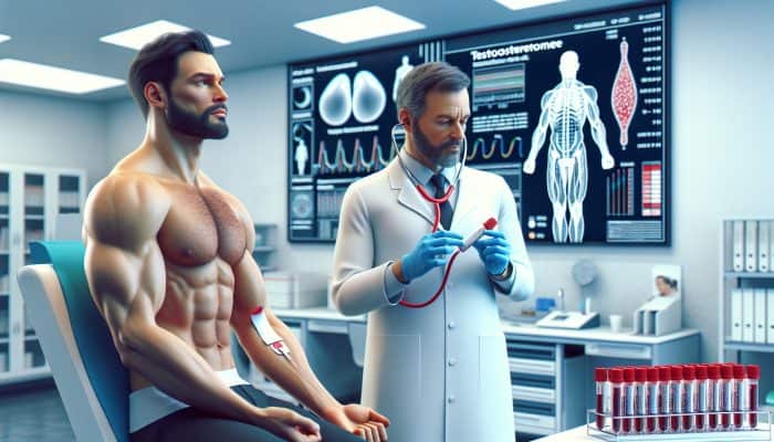 Testosterone Blood Test in Walton-on-Thames: Illustration of a testosterone blood test in a UK clinic, showing its role in male health.
