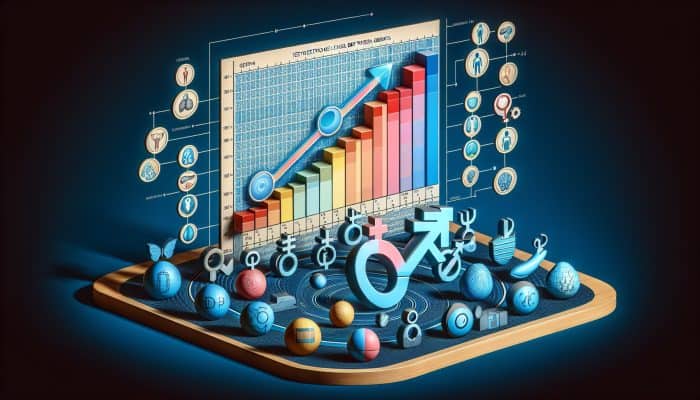 A medical chart showing testosterone levels with color-coded ranges for men and women, and health icons.