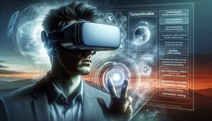 A person in a VR headset experiencing a high-definition virtual world with adjustable settings for comfort.