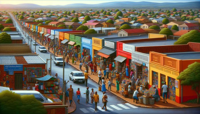 A vibrant Soweto neighborhood showing diverse residents, local businesses, and community investment in housing and employment.