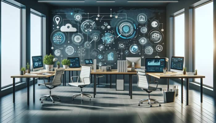 A modern workspace with screens showing Asana, Trello, Toggl, Slack, Google Workspace, Monday.com, and SurveyMonkey for enhanced productivity.