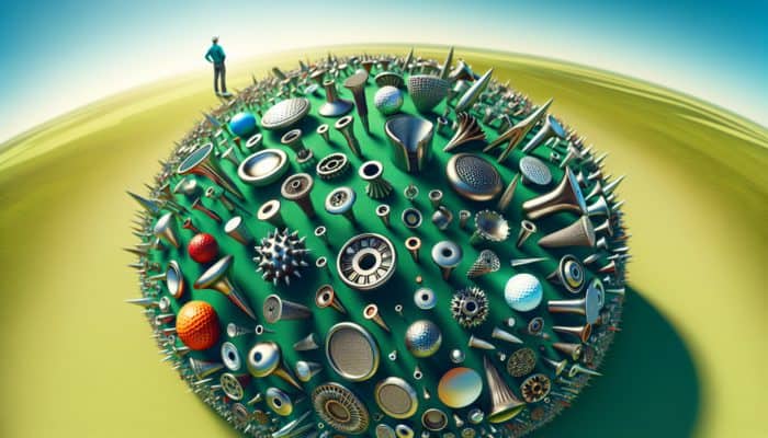 Close-up of various golf spikes on green turf, different designs and materials, golfer analyzing in background under blue sky.