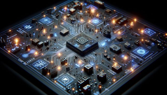 A futuristic circuit board illustrating AI technologies like neural networks and machine learning.