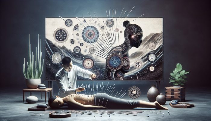 Acupuncture for Prostate Enlargement: A practitioner inserting fine needles into acupoints on a patient in a serene East Asian setting, symbolizing 'qi' and balance.