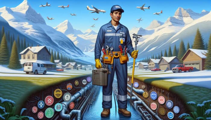 Plumber in Whistler inspecting sewer system with tools, certification badges on uniform, snowy mountains.