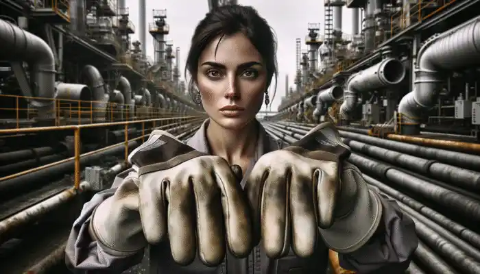 Buy PVC Work Gloves in Hitchin: Durable PVC work gloves worn by a worker handling hazardous materials in an industrial setting.