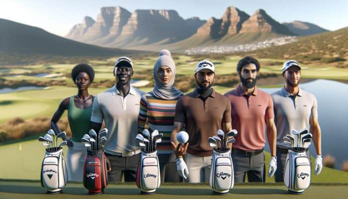 Golfers using popular tees from PrideSports, Callaway, TaylorMade on a scenic South African course.