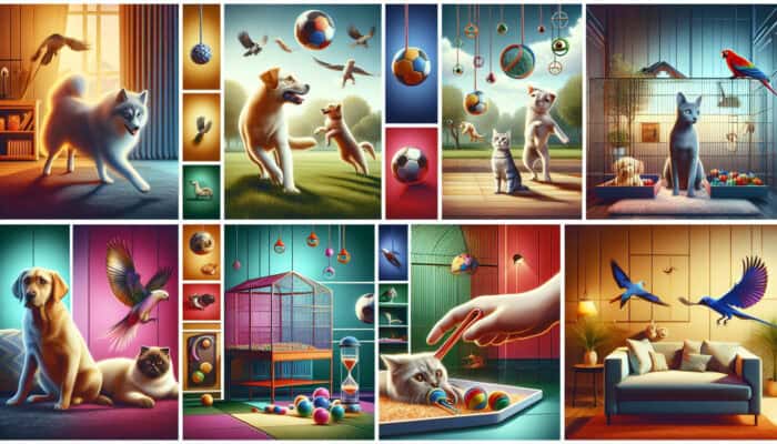 Playtime Schedules for Pets: Collage of pets in ideal play settings: dogs fetching, cats with prey-like toys, birds in colorful environments.