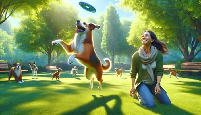 A dog and owner joyfully playing fetch in a park, demonstrating the benefits of expert playtime strategies.