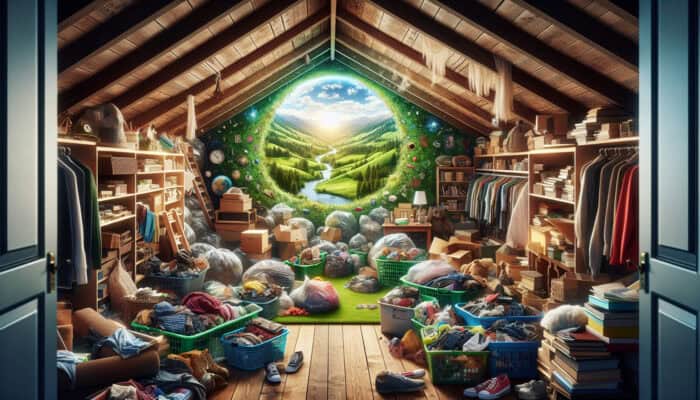 Sustainable Attic Clearance in the UK: UK attic with reusable items being sorted for recycling and donation, promoting sustainability and ecological balance.