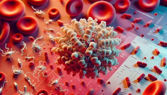 Ferritin Blood Test in High Wycombe: Microscopic view of ferritin molecules storing and regulating iron amidst blood cells.