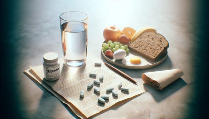 A glass of water and magnesium supplement next to breakfast, with a medical note in the background.