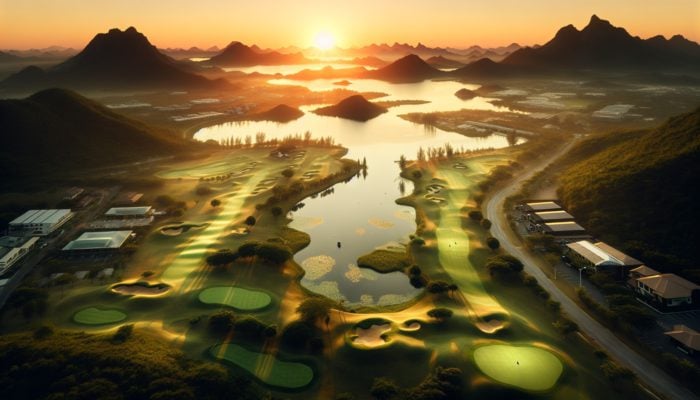 Aerial view of Estcourt Golf Club at sunset, golfers on lush fairways with distant mountains.