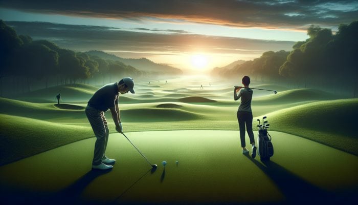 A professional instructor demonstrating swing mechanics to a student at dawn on a lush golf course.