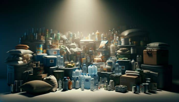 Grid-Down Survival: Diverse stockpile in a dimly lit room with non-perishable foods, water, medical kits, and sanitation products for power outage survival.