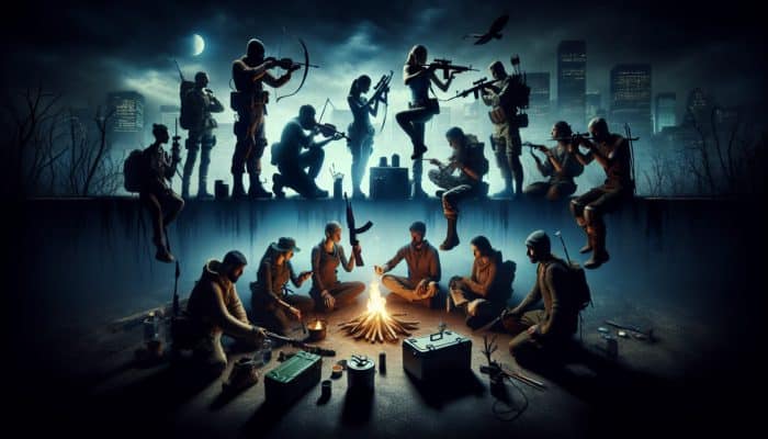 Survival experts discussing grid-down tactics around a campfire with a darkened city skyline.