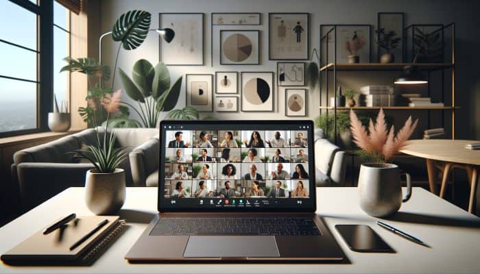 A home office with a laptop showing a video conference of mental health experts, plants, and soft lighting.
