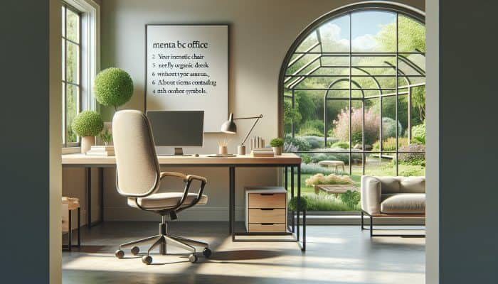 A serene home office with ergonomic chair, organized desk, and garden view, promoting focus and well-being for remote workers.