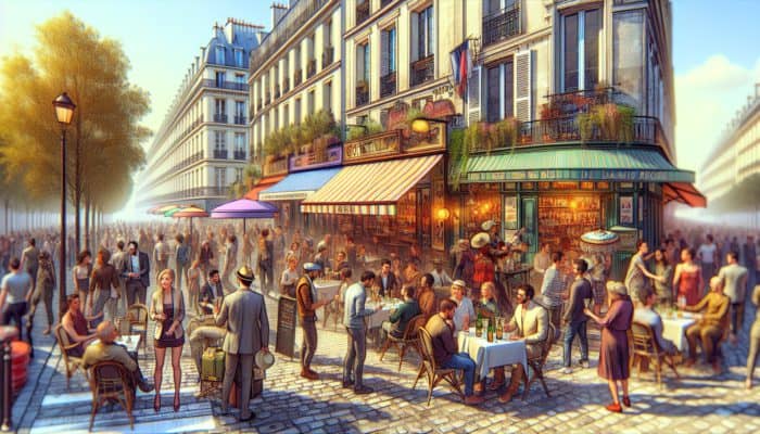 People enjoying cocktails at themed bars in Paris Las Vegas, with French architecture and street performers.