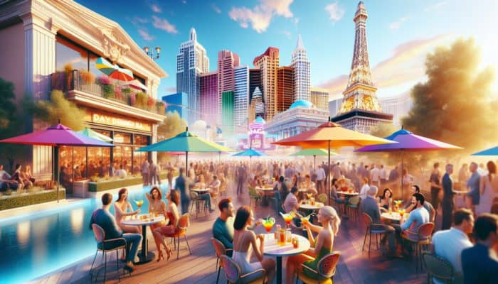 A vibrant day drinking bar at Paris Las Vegas with patrons enjoying cocktails outdoors under the sun.