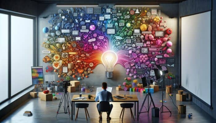 A person brainstorming video ideas with a colorful mind map, surrounded by trending items, seasonal decorations, and popular products in a well-lit setting.