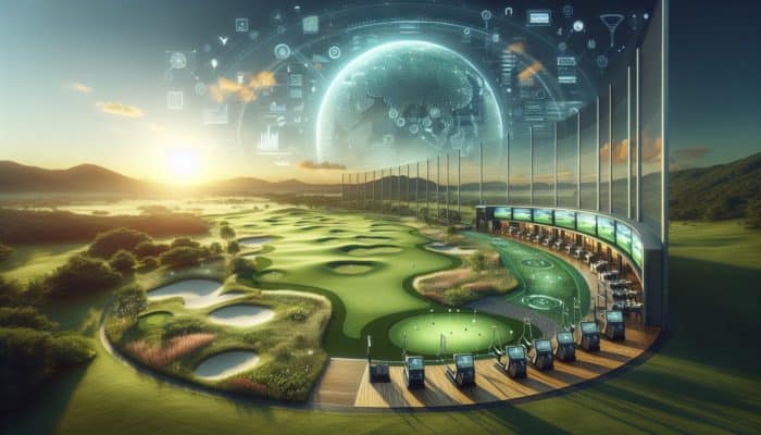 Modern golf club with advanced landscaping, simulators, driving ranges, and putting greens, emphasizing sustainability and natural beauty.