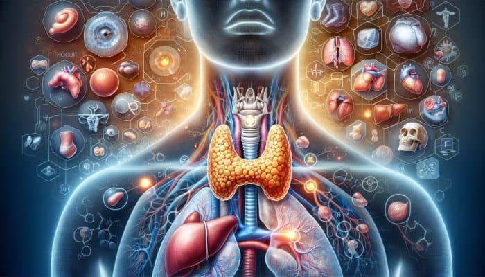 Thyroid Blood Test in Leicester: Illustration of thyroid gland showing hormone levels, hypothyroidism, and hyperthyroidism affecting vital organs.