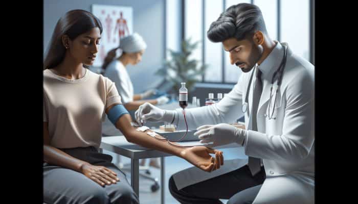 Healthcare provider collecting blood from arm in clinical setting, using antiseptic, tourniquet, and needle, under 10 minutes.