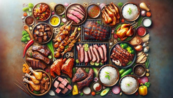 Top Korean BBQ Recipes for Grilling: A colorful array of Korean BBQ meats including brisket, galbi, samgyeopsal, chicken thighs, sirloin, skirt steak, spare ribs, and tenderloin on a grill.