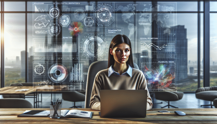 A data analyst analyzing graphs and charts, focusing on seasonal promotion trends in a modern office.