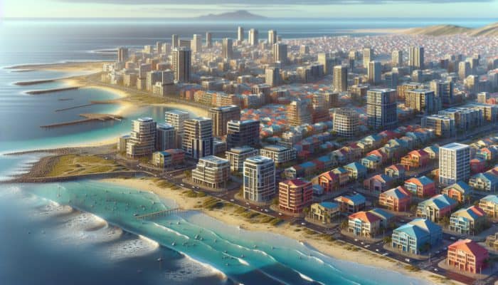 Aerial view of affordable coastal homes in diverse Durban neighborhoods near vibrant beaches.