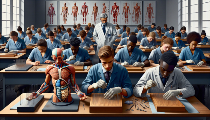 Precision Needling for Expert Practitioners: A diverse group of students practicing precision needling in a UK classroom with an expert instructor.