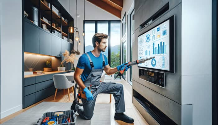 A technician in blue uniform cleaning a modern ventilation system in a Kitsilano home.