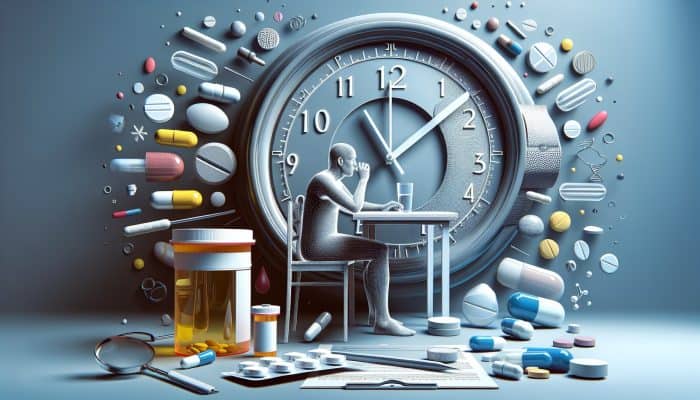 Person fasting for cholesterol test with water, clock showing 9-12 hours, medications, and health documents.