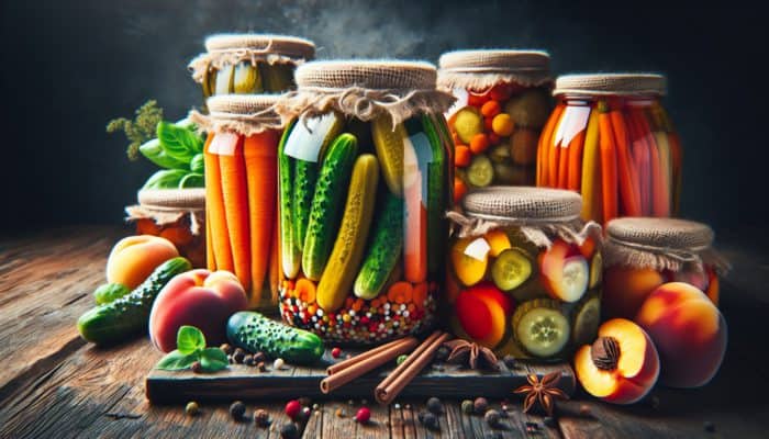 Vibrantly colored jars of pickled cucumbers, carrots, and peaches, beautifully showcasing the art of food preservation with vinegar, spices, and sugar.